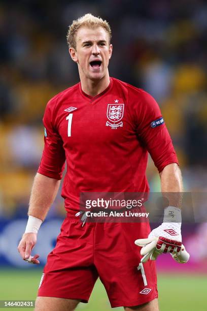 Joe Hart of England celebrates victory during the UEFA EURO 2012 group D match between Sweden and England at The Olympic Stadium on June 15, 2012 in...