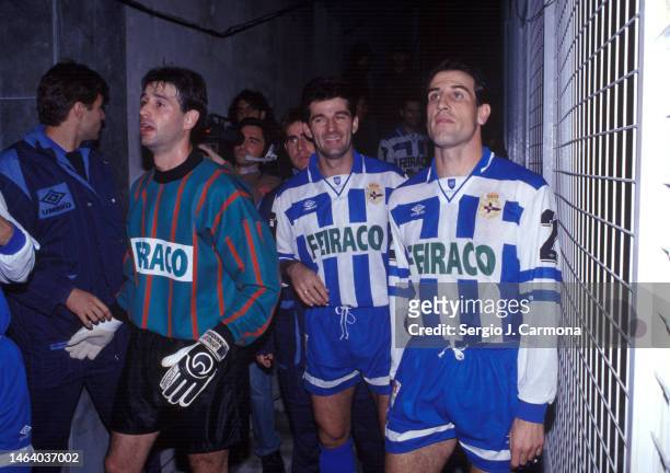 Juan G. Canales and Voro of Deportivo la Coruña in the Camp Nou access tunnel moments before kick-off in the La Liga match between FC Barcelona v...