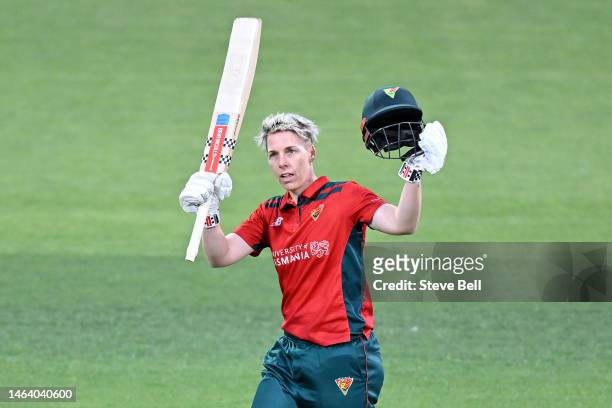 Elyse Villani of the Tigers celebrates scoring a century during the WNCL match between Tasmania and South Australia at Blundstone Arena, on February...