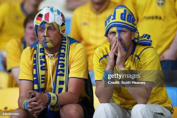 Sweden fans sit dejected at the final whistle during the UEFA EURO 2012 group D match between Sweden and England at The Olympic Stadium on June 15,...