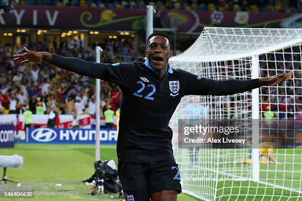 Danny Welbeck of England celebrates scoring their third goal during the UEFA EURO 2012 group D match between Sweden and England at The Olympic...