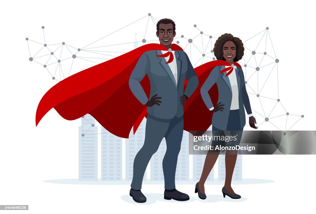 Superhelden-Business-Paar. Afroamerikanischer Superheld Geschäftsmann Superheld Geschäftsfrau.