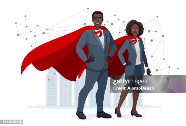 ilustrações, clipart, desenhos animados e ícones de casal de negócios de super-heróis. afro-americano super-herói empresário super-herói mulher de negócios. - heroínas