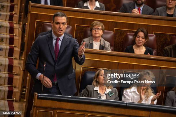 The President of the Government, Pedro Sanchez, speaks during a session of control to the Government, in the Congress of Deputies, on February 8 in...