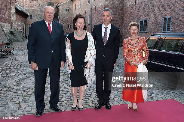 King Harald V of Norway, Ingrid Schulerud of Norway, Prime Minister Jens Stoltenberg of Norway and Queen Sonja of Norway pose together prior to the...