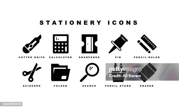 stationery, file folder, scissors, calendar, envelope icons - stapler stock illustrations