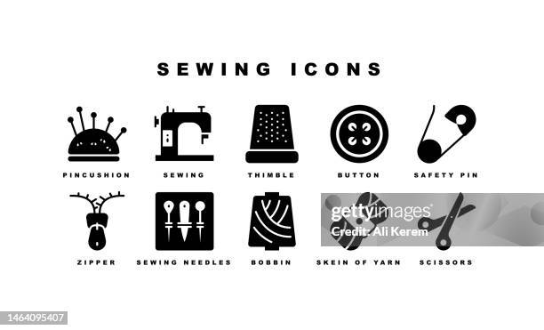 sewing, sewing machine, iron, scissors, zipper icons - sewing needle stock illustrations