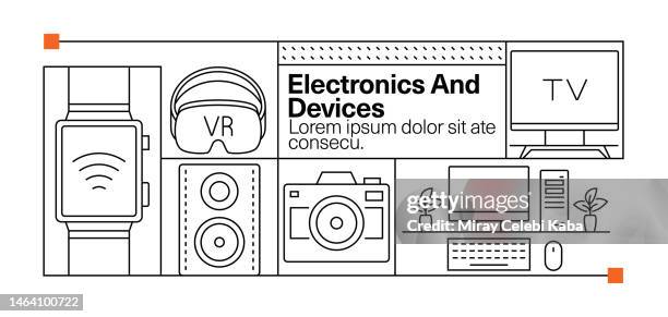 electronics and devices line icon set and banner design - security cameras store stock illustrations