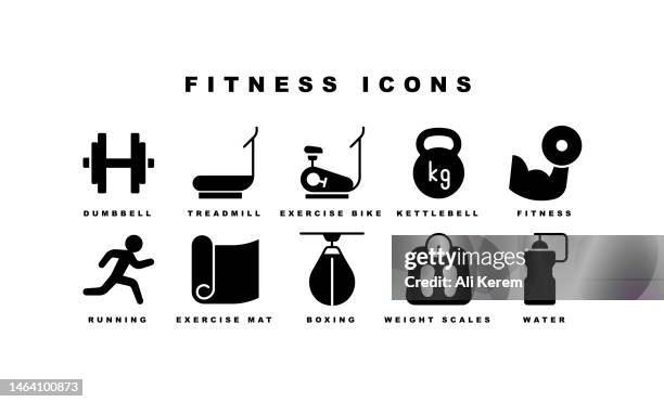 fitness, pool, basketball, laufen, hantel-icons - fitnessausrüstung stock-grafiken, -clipart, -cartoons und -symbole
