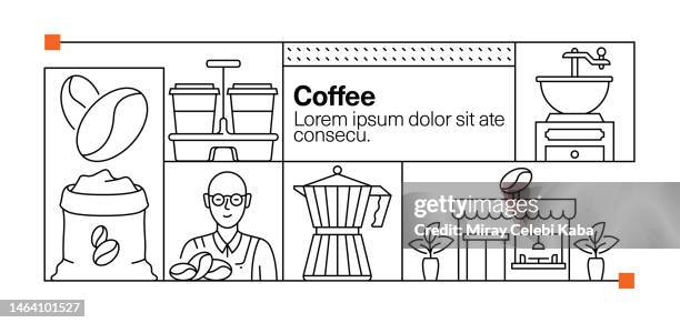 coffee line icon set and banner design - coffee table stock illustrations