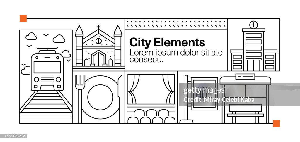 City Elements Line Icon Set and Banner Design