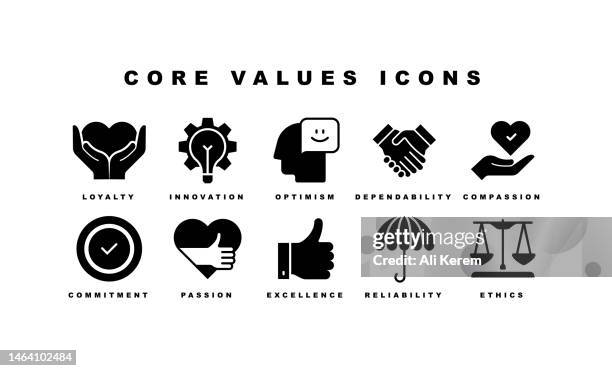 core values, creativity, loyalty, innovation, compassion icons - obedience stock illustrations