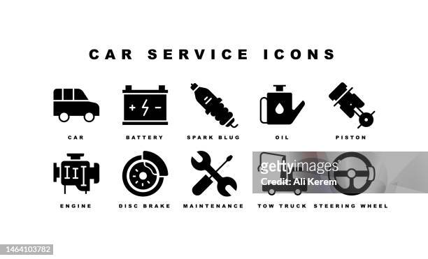autoservice, kolben, autoheber, automotor, wartung, scheibenbremse, batteriesymbole - car brake stock-grafiken, -clipart, -cartoons und -symbole