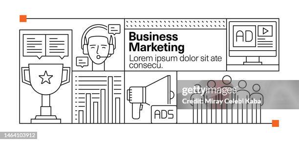 business marketing line icon set and banner design - user experience research stock illustrations
