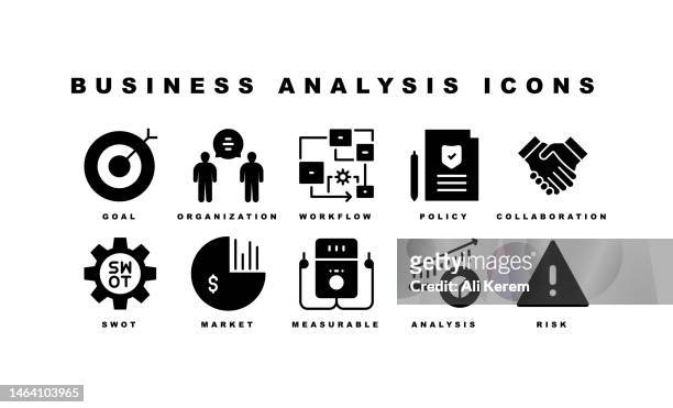business analysis, strategy, collaboration icons - swot analysis stock illustrations