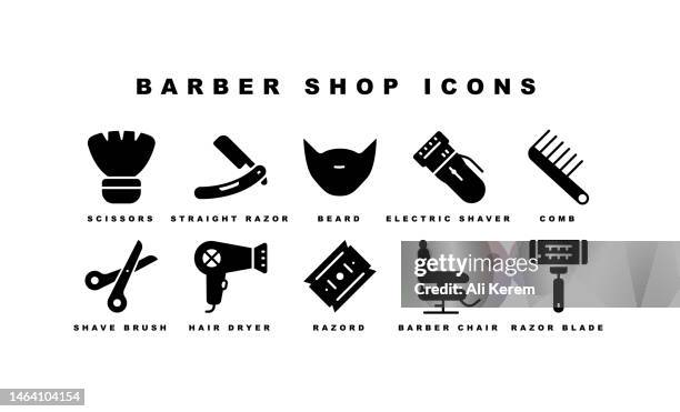 stockillustraties, clipart, cartoons en iconen met barber shop, barber chair, comb, hair dryer, razor blade, hair icons - razor blade
