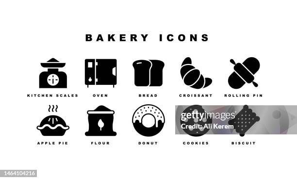 bakery line icon set. bakery shop, bread, flour, rolling pin icons. - breakfast biscuits stock illustrations