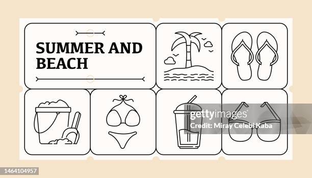 summer and beach line icon set and banner design - inflatable pool toy stock illustrations