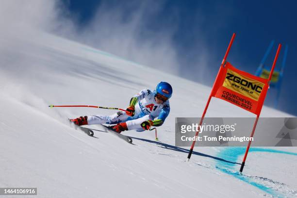 Mikaela Shiffrin of United States competes in Women's Super G at the FIS Alpine World Ski Championships on February 08, 2023 in Meribel, France.