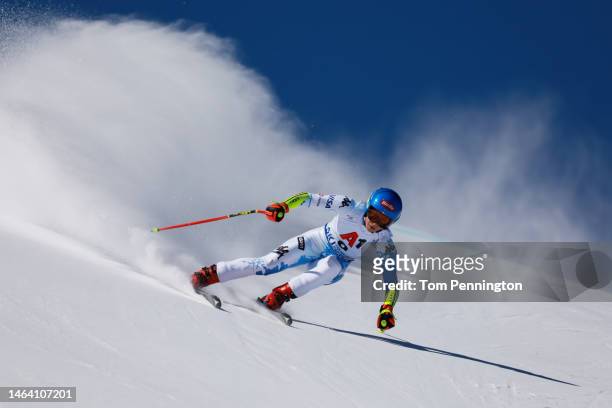 Mikaela Shiffrin of United States competes in Women's Super G at the FIS Alpine World Ski Championships on February 08, 2023 in Meribel, France.