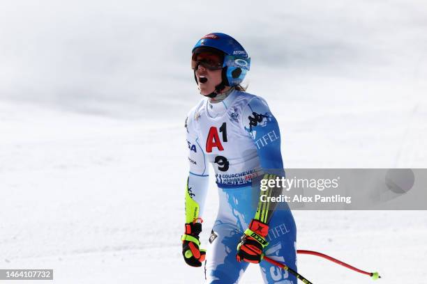 Mikaela Shiffrin of United States reacts following their run in Women's Super G at the FIS Alpine World Ski Championships on February 08, 2023 in...