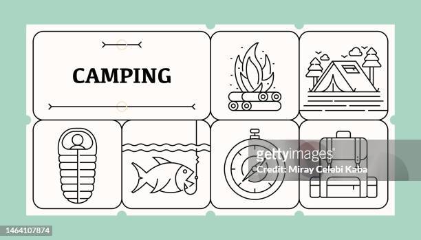 camping line icon set and banner design - cigarette lighter stock illustrations