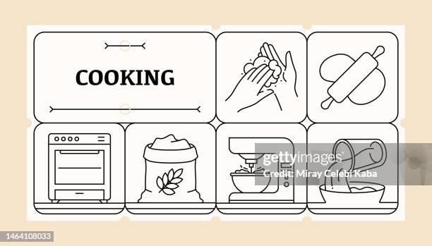 cooking line icon set and banner design - frying egg stock illustrations