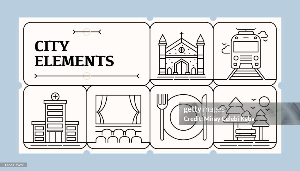 City Elements Line Icon Set and Banner Design