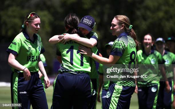 Players of Ireland celebrate following a warm-up match between Ireland and Australia prior to the ICC Women's T20 World Cup South Africa 2023 at...