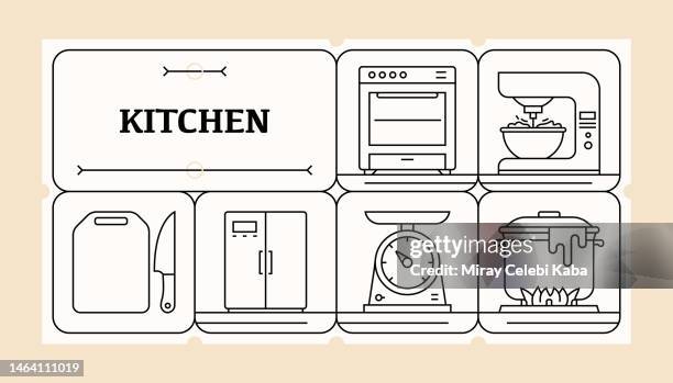 kitchen line icon set and banner design - colander stock illustrations