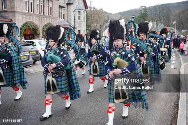 Bagpipe band at the start of Frozen: Emma, Oti and Rylan's Red Nose Day Challenge on the 8th February 2023 in