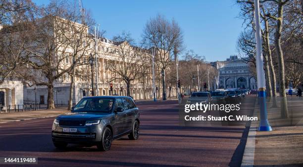 Stratstone Land Rover Mayfair launch their new luxury boutique showroom with a Range Rover parade down The Mall this morning on February 08, 2023 in...