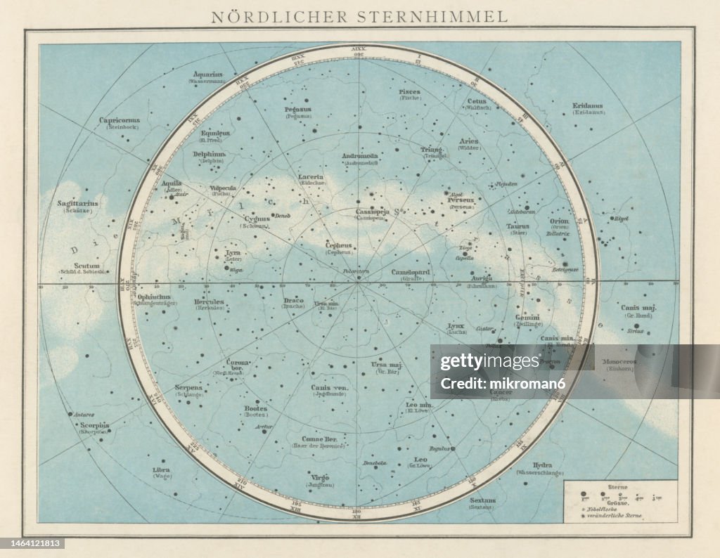 Old chromolithograph illustration of Astronomy - Northern Sky Star Map (nebulae and star clusters)