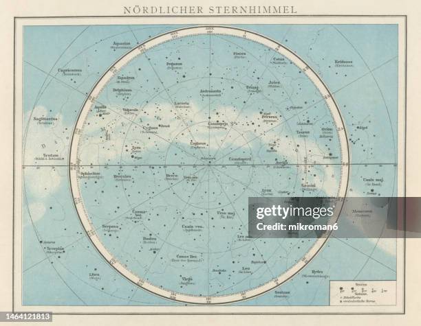 old chromolithograph illustration of astronomy - northern sky star map (nebulae and star clusters) - the archer stock pictures, royalty-free photos & images