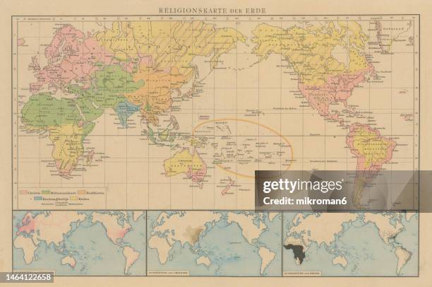 old chromolithograph illustration of earth maps - population density on earth, distribution of religions on earth (religious earth map) - density map stock pictures, royalty-free photos & images