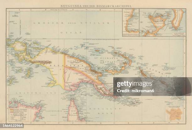old chromolithograph map of new guinea, and neighbouring islands in the pacific ocean - irian jaya stock pictures, royalty-free photos & images