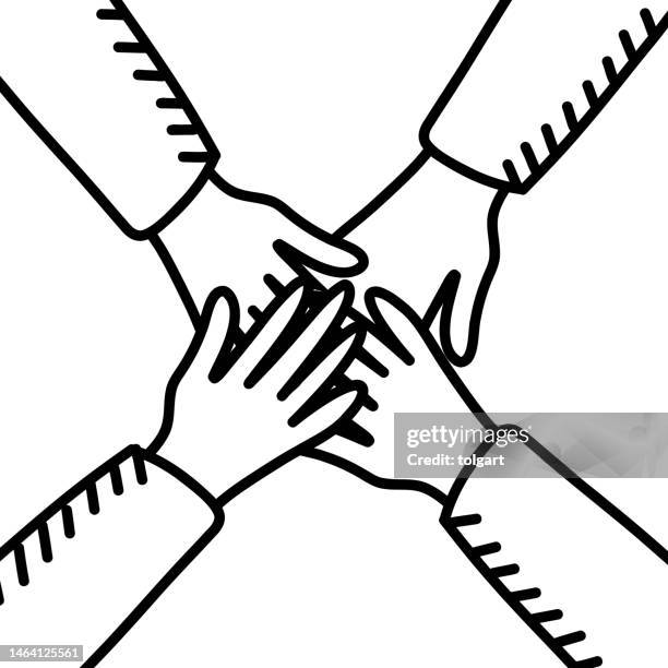 vier verbundene hände. bearbeitbarer strich - vier freunde stock-grafiken, -clipart, -cartoons und -symbole