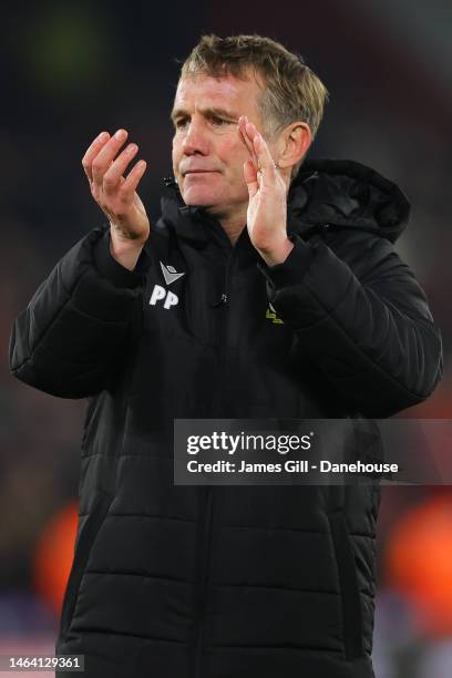 Phil Parkinson, manager of Wrexham, looks on during the Emirates FA Cup Fourth Round Replay match between Sheffield United and Wrexham at Bramall...