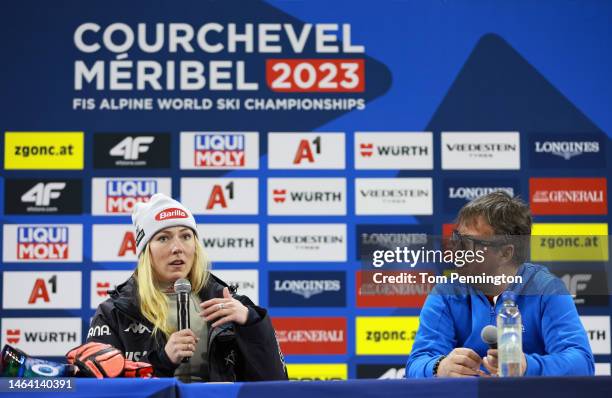 Silver medalist Mikaela Shiffrin of Team United States talks in a press conference after the Women's Super G at the FIS Alpine World Ski...