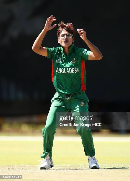 Fahima Khatun of Bangladesh reacts during a warm-up match between Bangladesh and India prior to the ICC Women's T20 World Cup South Africa 2023 at...