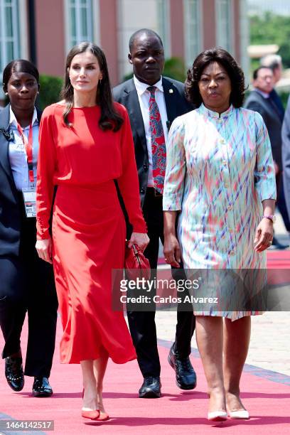 Queen Letizia of Spain and Ana Afonso Dias Lourenco attend the official farewell from the Presidential Palace on February 08, 2023 in Luanda, Angola....