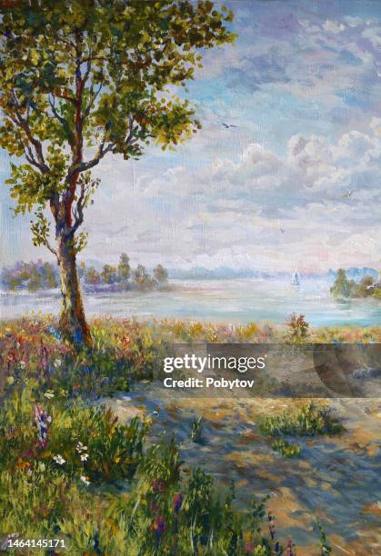 summer countryside, painting - oil painting flowers stock illustrations
