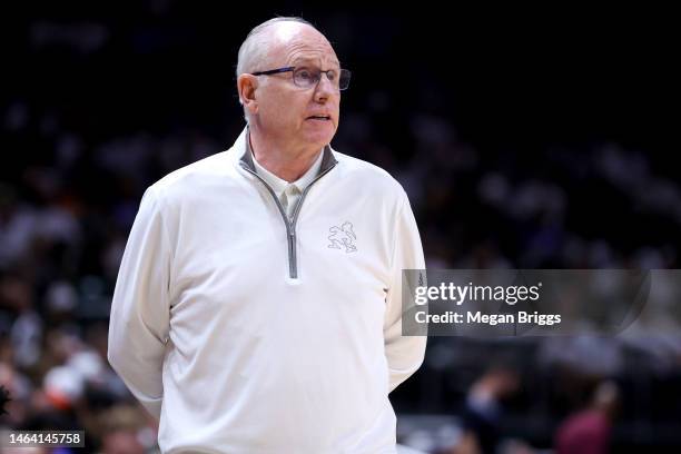 Head coach Jim Larranaga of the Miami Hurricanes looks on during the first half against the Duke Blue Devils at Watsco Center on February 06, 2023 in...