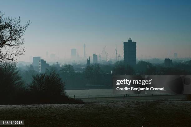 The London skyline is seen from Parliament Hill at Hampstead Heath on February 8, 2023 in London, England .