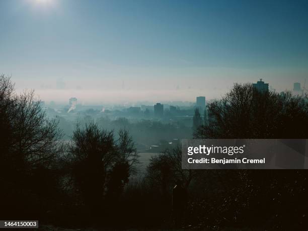The London skyline is seen from Parliament Hill at Hampstead Heath on February 8, 2023 in London, England .