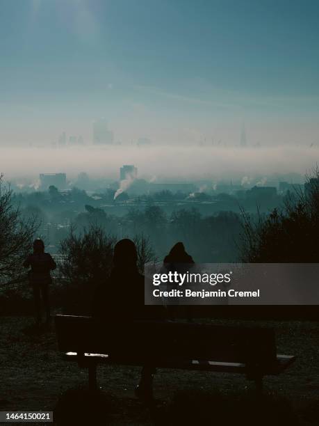 People look at the city skyline from Parliament Hill at Hampstead Heath on February 8, 2023 in London, England .