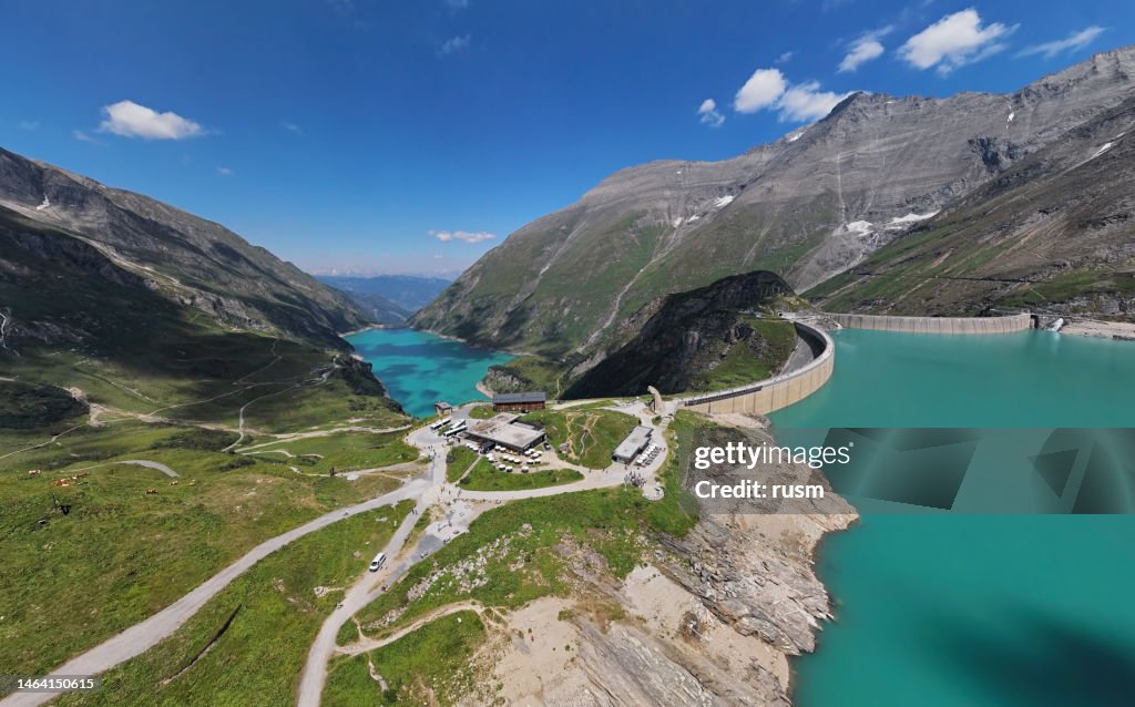Aerial panorama of Kaprun high mountain reservoirs Mooserboden Stausee and Wasserfallboden in the Hohe Tauern, Salzburger land, Austria.