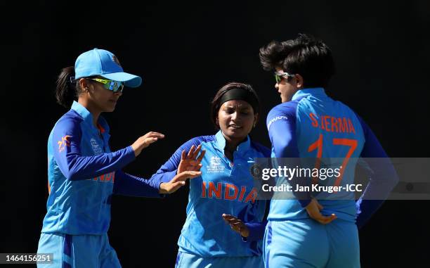 Shafali Verma of India celebrates the wicket of Shamima Sultana of Bangladesh during a warm-up match between Bangladesh and India prior to the ICC...