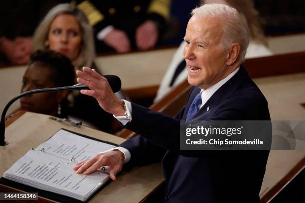 President Joe Biden delivers the State of the Union address to a joint session of Congress at the U.S. Capitol on February 07, 2023 in Washington,...