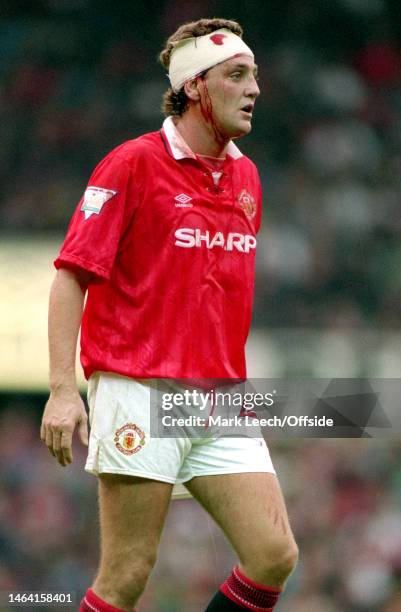 September 1993, Manchester - FA Carling Premiership - Manchester United v Arsenal - Steve Bruce of Manchester United with a bloody and bandaged head.